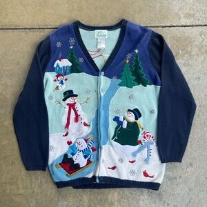THE QUACKER FACTORY Christmas Cardigan Size Large Snowman Family